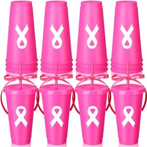 16 Pcs Breast Cancer Awareness Plastic Tumblers 24 oz Reusable Pink Ribbon Cups Bulk with Lids and Straws Drinking Cups Gifts for Women Breast Cancer Awareness Survivor Gift Party Supplies