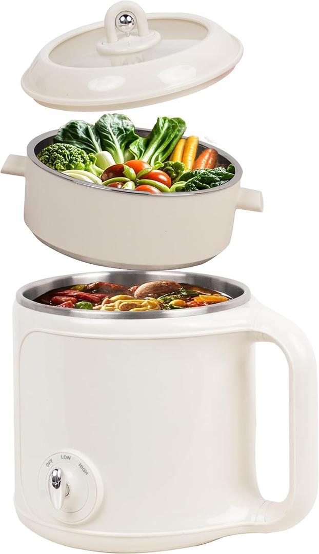 Electric Hot Pot with Steamer: 2.0L Ramen Cooker, Multifunctional Stainless Steel Electric Pot, Portable, Dual Power Adjustment for Dorm, Office, Travel (01white)
