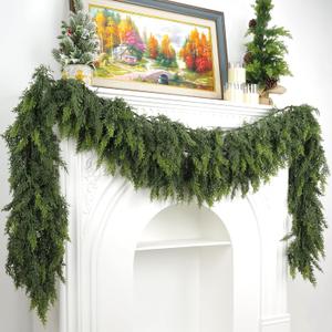 Artificial Cedar Garland, Realistic Green Pine Garland for Indoor & Outdoor Christmas Decorations, Lifelike Cedar Greenery for Mantle, Table, Staircase, and Wall (9FT(2 PCS))