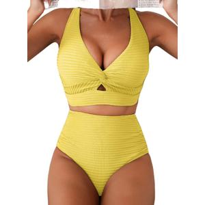 Herseas Women's Textured Bikini Sets Twist Front Top Swimsuits High Waisted Bathing Suits S