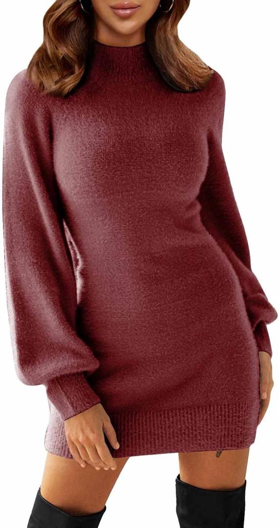 EXLURA Women's 2026 Mock Neck Ribbed Long Sleeve Bodycon Pullover Cute Mini Sweater Dress Vacation Outfits Winter Clothes, Size M