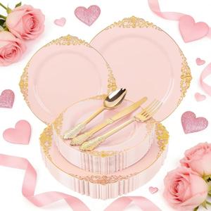 125PCS Pink and Gold Plastic Plates - Pink Disposable Plates - Vintage Plate with Gold Plastic Silverware Set for 25 Guests for Weddings Baby Shower Parties