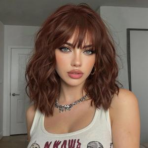 Lativ Reddish Brown Wig with Bangs Short Wavy Wigs for Women Shoulder Length Curly Bob Wigs Heat Resistant Synthetic Wigs for Halloween Cosplay Daily Party Use 14 Inches