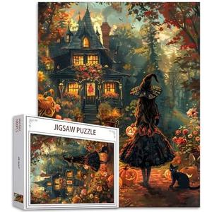 1000 Piece Jigsaw Puzzle-Halloween Dress Witch Puzzles 1000 Pieces for Adults,Black Cat Puzzle for Adults Puzzles for Adult 1000 Pieces Fall Pumpkin Garden Countyard