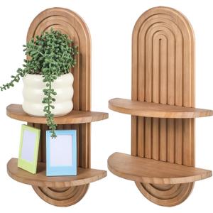 2 PCS Boho Wall Shelf, Double Shelves, Wooden Arched Floating Shelve Modern Decor Bohemian Rainbow Hanging Holder,Mid Century for Living Room,Bedroom,Nursey Room,16.9 x 9 Inches(Brown)