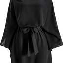 Women's Off The Shoulder Mini Dress 3/4 Bell Sleeve Belted Flowy Dresses Beach Vacation Clothes (Medium, Black)