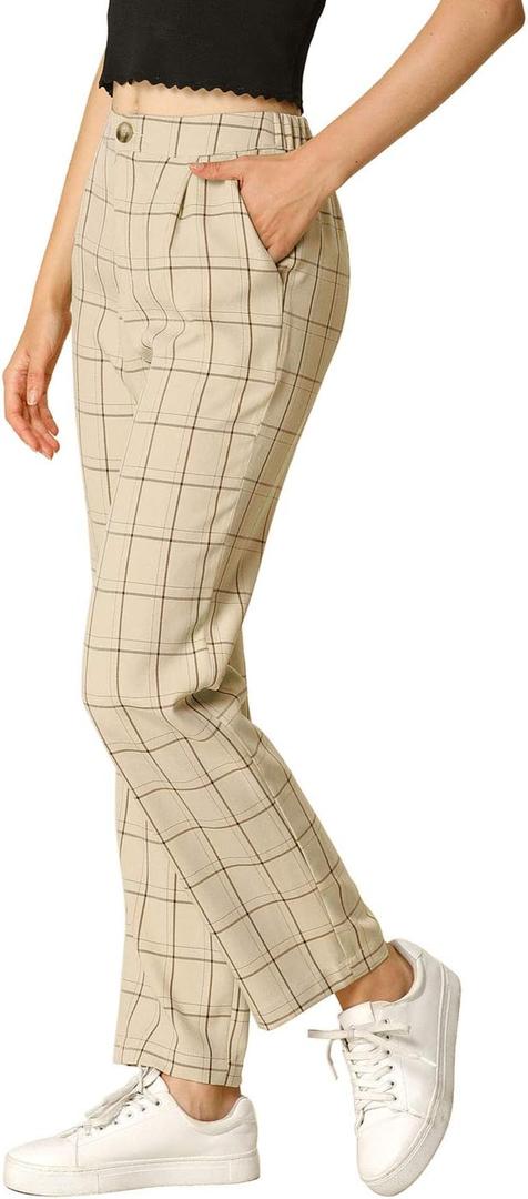 Allegra K Women's Plaid Trousers Pockets Straight Leg Pants X-Small Khaki