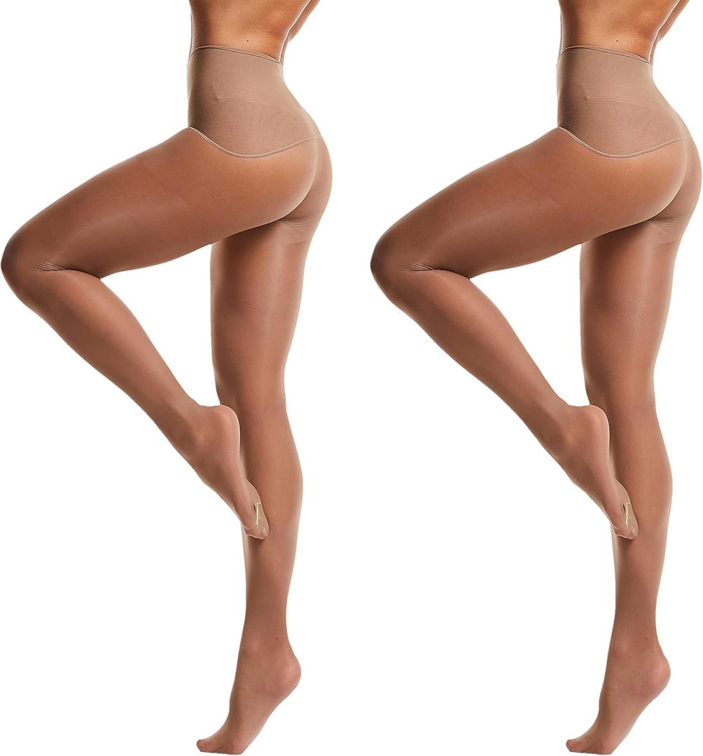 Frola Oil Shiny Stockings Pantyhose 360Seamless Crotch High Waist Smooth Tights for Women (Large, 2pairs Brown)