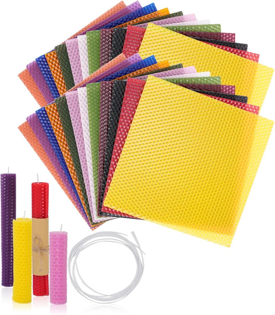 Thleunei Beeswax Sheets for Candle Making - Beeswax Candle Making Kit for Kids-Christmas Candle Making Kit for Adults-Candle Rolling Kit DIY Candle Maker - Candle Starter Kit Beeswax Candle Kit (24 pack 88 in Beeswax Sheets)