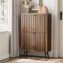 Fluted Shoe Storage for Entryway, Walnut Hidden Cabinet with Metal Legs, Organizer with Flip Doors, Slim Entryway Storage, 23.6" Wide