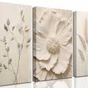 3Pcs Neutral Beige Floral Plant Canvas Wall art Textured Flower Botanical Painting Picture Wall Decor Vintage Blossom Poster Prints for Living Room Bedroom Bathroom Decoration