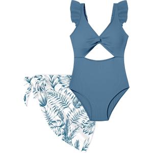 Girls One Piece Swimsuit Cut Out Ruffle Bathing Suit Twist V Neck Swimwear Solid Color with Cover Up Skirt 7-16T (11-12 Years, Dark Blue)