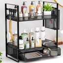 VITVITI 2 Tier Bathroom Organizer Countertop with Drawer, Metal Mesh Bathroom Counter Vanity Organizer Storage, Bath Room Sink Kitchen Spice Rack with Basket Hooks, Black
