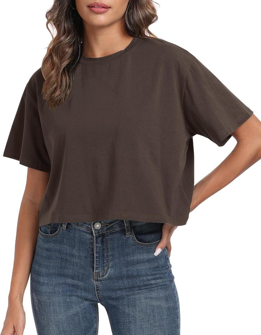 PRIMODA Women's Oversized Workout Cropped T Shirts Crew Neck Short Sleeve Casual Loose Summer Crop Tee Tops Cotton (Brown) S