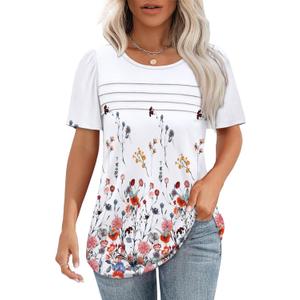 OFEEFAN Womens T Shirts Short Sleeve Tops Dressy Casual Blouses Spring Summer Outfits Flowy Pleated Front Scooped Neck (3X-Large, 3-floral Red)