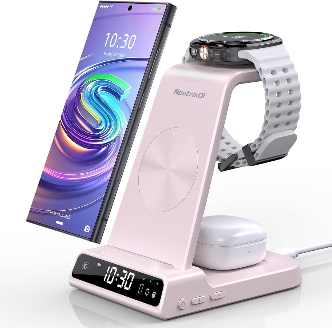 Wireless Charger for Samsung Charging Station: 3 in 1 Android Charging Stand with Dimmable Clock - Nightstand Organizer for Galaxy S25 Ultra, Galaxy Watch 8 7 6 5 4, Galaxy Buds, Space-Saving Charger