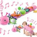 Baby Toys 0-6 6-12 Months,Music Caterpillar Plush Toy with Baby Mirror, Pull String&Crinkle Rattle,Infant Sensory Toys,Tummy Time for 0-3-6-12 Month Boys Girls Newborn Gifts (Pink-Leaf)