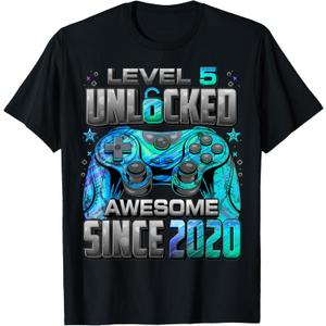 Level 5 Unlocked Awesome Since 2020 5th Birthday Gaming T-Shirt (Small, Black)