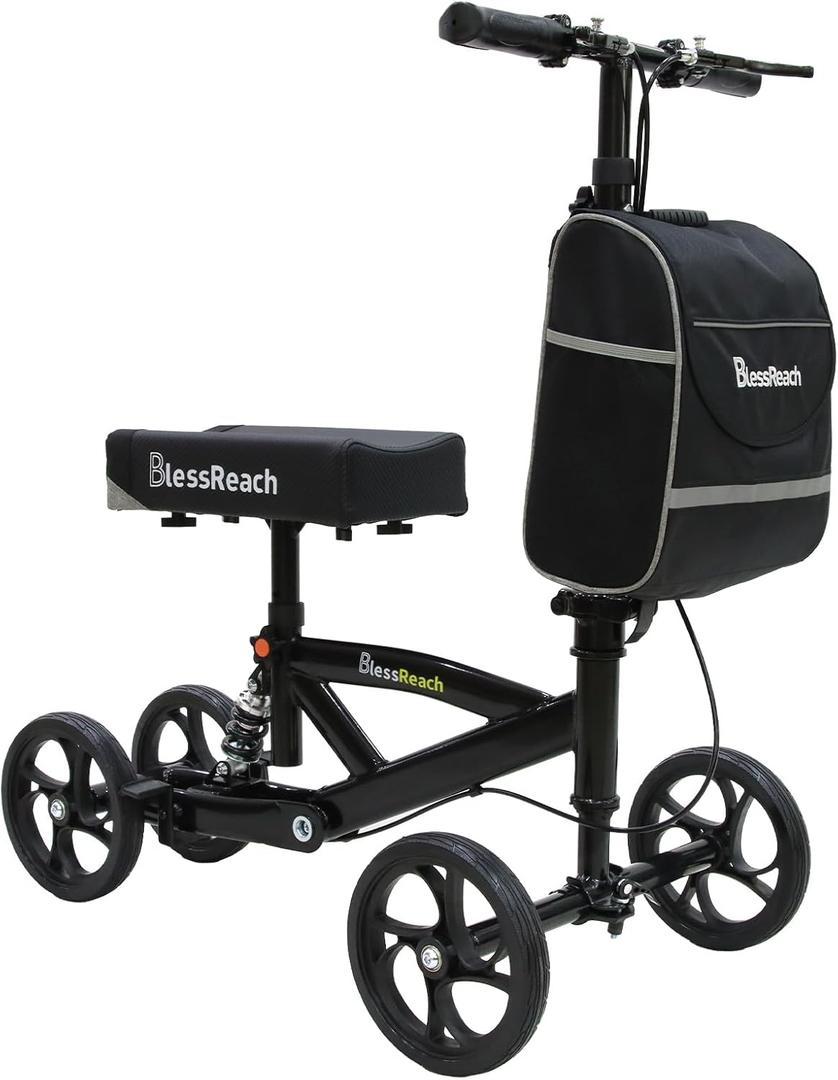 Steerable Knee Walker Deluxe Medical Scooter for Foot Injuries Compact Crutches, with Dual Rear on-Wheel Brake and Shock Absorption Under The Knee pad, Black