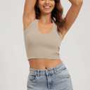 ODODOS Seamless Halter Crop Tops for Women Ribbed Soft V Neck Open Back Cropped Tank Top, 1-Pack, Mushroom, Medium-Large (L)