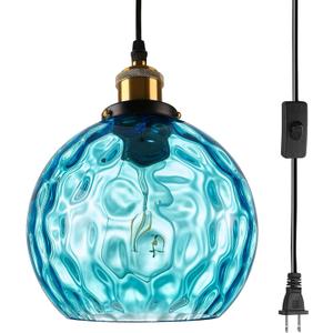 Plug-in Modern Pendant Lighting Blue Glass Globe Ceiling Pendant Lights Adjustable Cord Ceiling Hanging Light with Handblown Glass Shade for Bedroom Living Dining Room Kitchen Island
