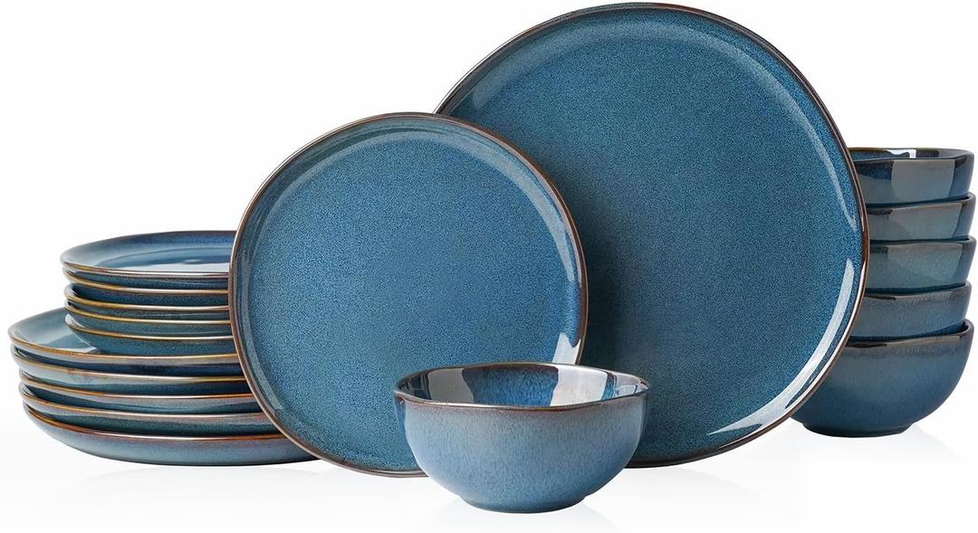 Stoneware Dinnerware Sets for 6, Reactive Glaze Plates and Bowls, Blue | 18-Piece Handcrafted Rustic Porcelain Dishes Set, Highly Scratch Resistant, Dishwasher & Microwave Safe