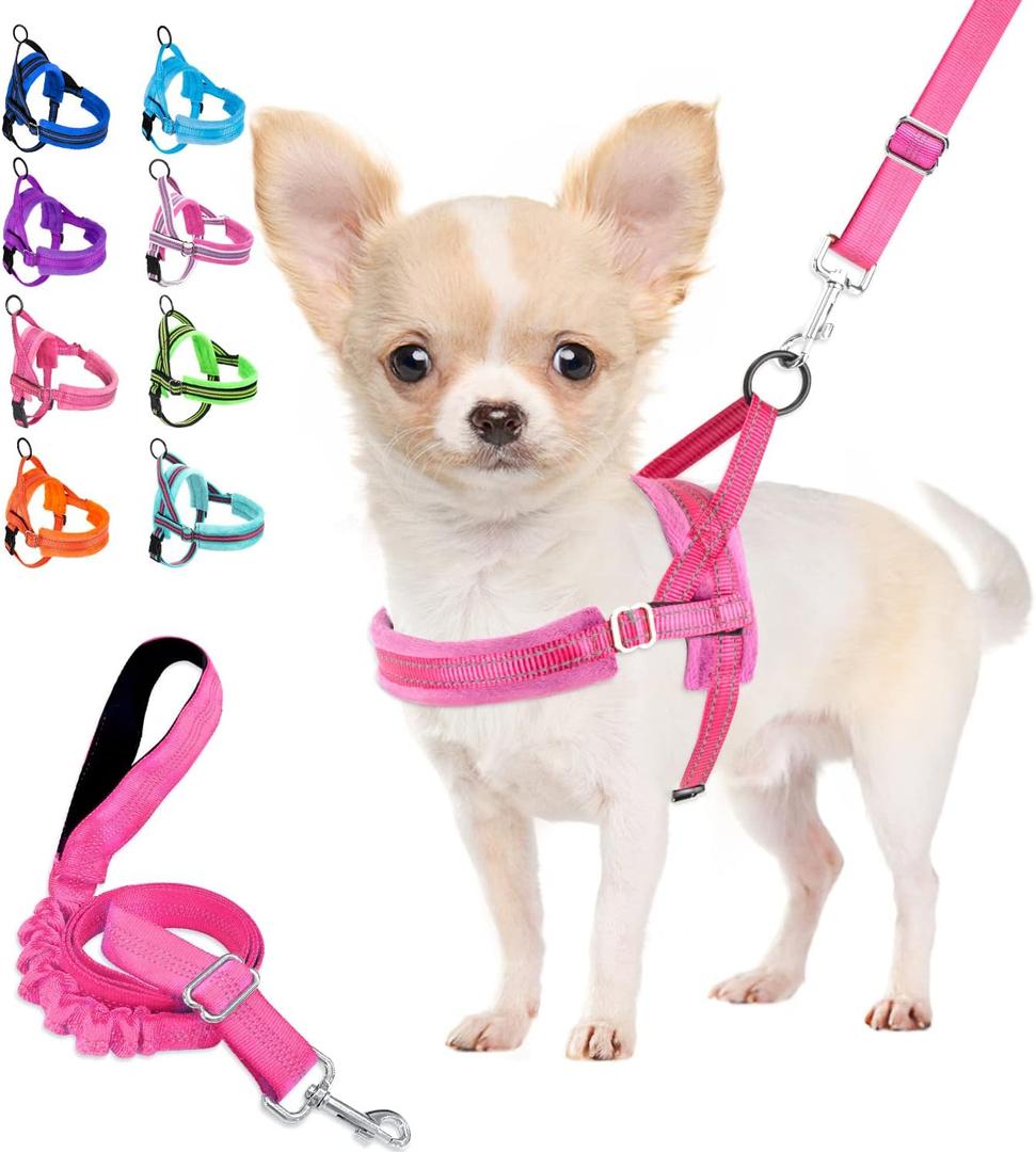 Lukovee Dog Harness and Leash Set, Soft Padded Small Dog Harness, Neck & Chest Adjustable Reflective Vest Puppy Harness with 4ft Lightweight Anti-Twist Dog Leash for Small Dogs (XX-Small, Pink) (XXS ( Chest 11.5'' ~ 15''), B-pink)