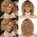 Glueless Wig Short Water Wave Human Hair Wig With Bangs 100 Percent Human Hair No Lace Front Wet And Wavy Wigs For Black Women Ombre Brown And Blonde Highlight T4 27 12 Inch