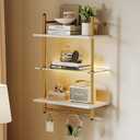 Bestier 24 Floating Shelves with LED Lights for Wall, 3 Tier Wall Mounted Glass Shelves with 8 Hooks, Coffee Bar Shelf Hanging Display Rack for Living Room Kitchen Bathroom, White & Gold