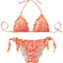 BEAUDRM Women's 2 Piece String Bikini Sets Floral Print Ruffled Halter Tie Backless Thong Swimsuits Bathing Suit Orange Large