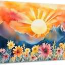 XLMDYYSW Boho Sun Wall Art Sunrise Canvas Picture Watercolor Wildflower Sunset Painting Mid Century Modern Mountains Sunrise Print for Living Room Home Framed (Yellow, 20.00" x 30.00")