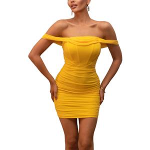 xxxiticat Women's Off Shoulder Ruched Mesh Dress Sleeveless Mesh Sheer Club Party Shapewear Bodycon Corset Mini Dresses(YE, XS) Yellow