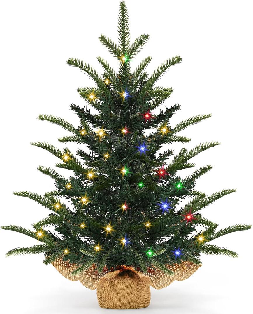 [ 12 Modes & Timer] 24 Inch Realistic Tabletop Christmas Tree Small Christmas Tree with 50 Warm White & Colored Lights Battery PE&PVC Branches Burlap Base Indoor Home Table Christmas Decorations (Dark Green)