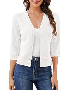 Bbonlinedress Women's White Summer Cropped Cardigan Sweaters Long Sleeves Knit Lightweight Button Down Shrugs Tops Ivory XL
