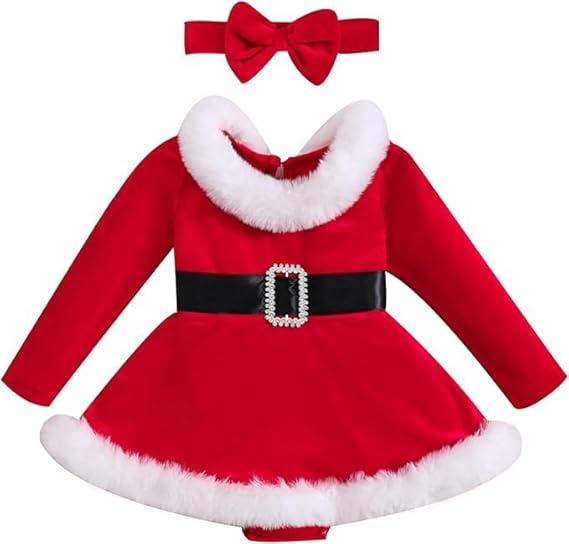 Baby Girl Christmas Dress Santa Claus Romper Dress Red Velvet Long Sleeve Princess Tulle Dress with Headband 3-6 Months, Red
