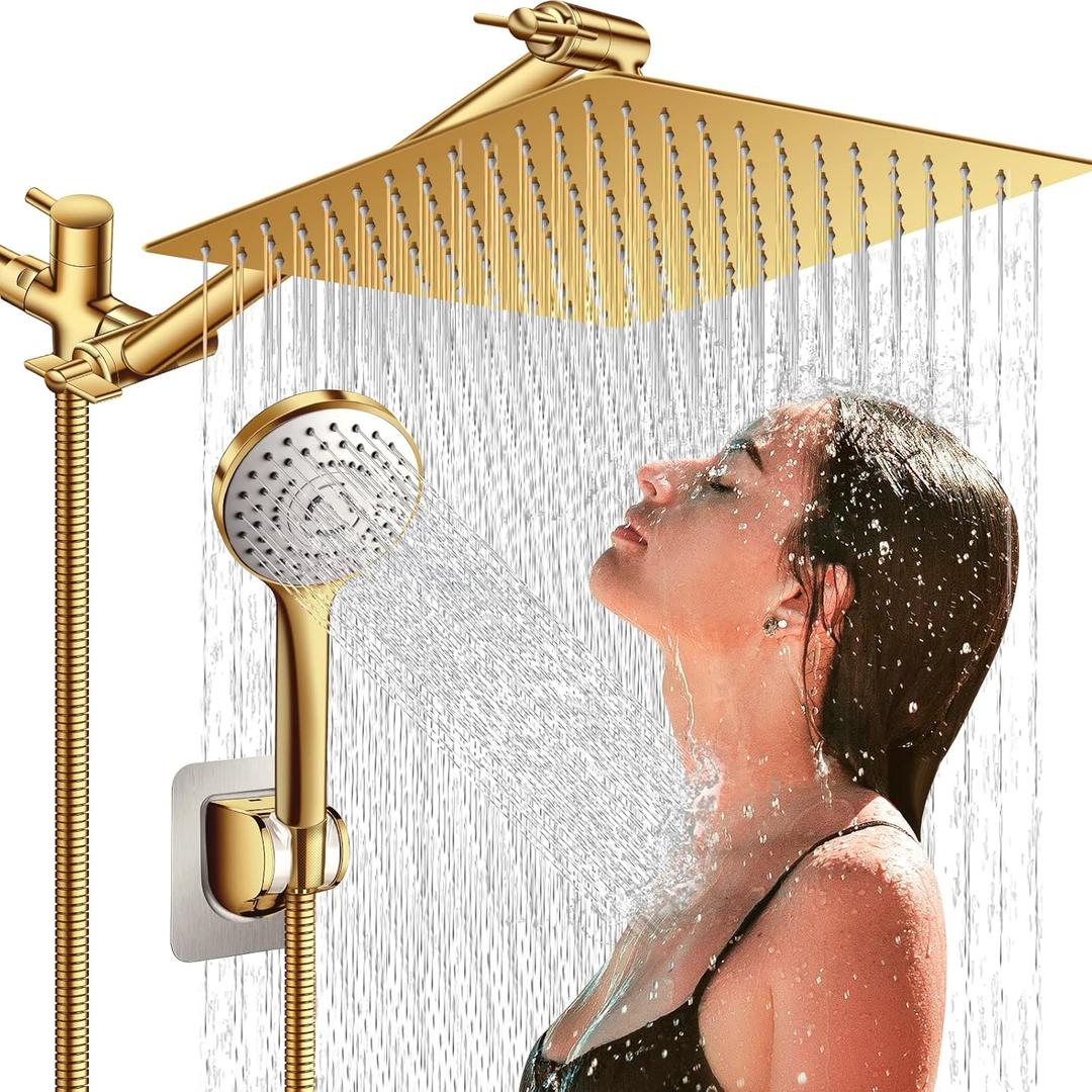 12'' Shower Head with Handheld, High Pressure Rainfall Shower Head Combo with 11'' Adjustable Extension Arm, 5 Setting Hand Held Shower Head with 60 Inch Shower Hose. Anti-Leak (Gold)