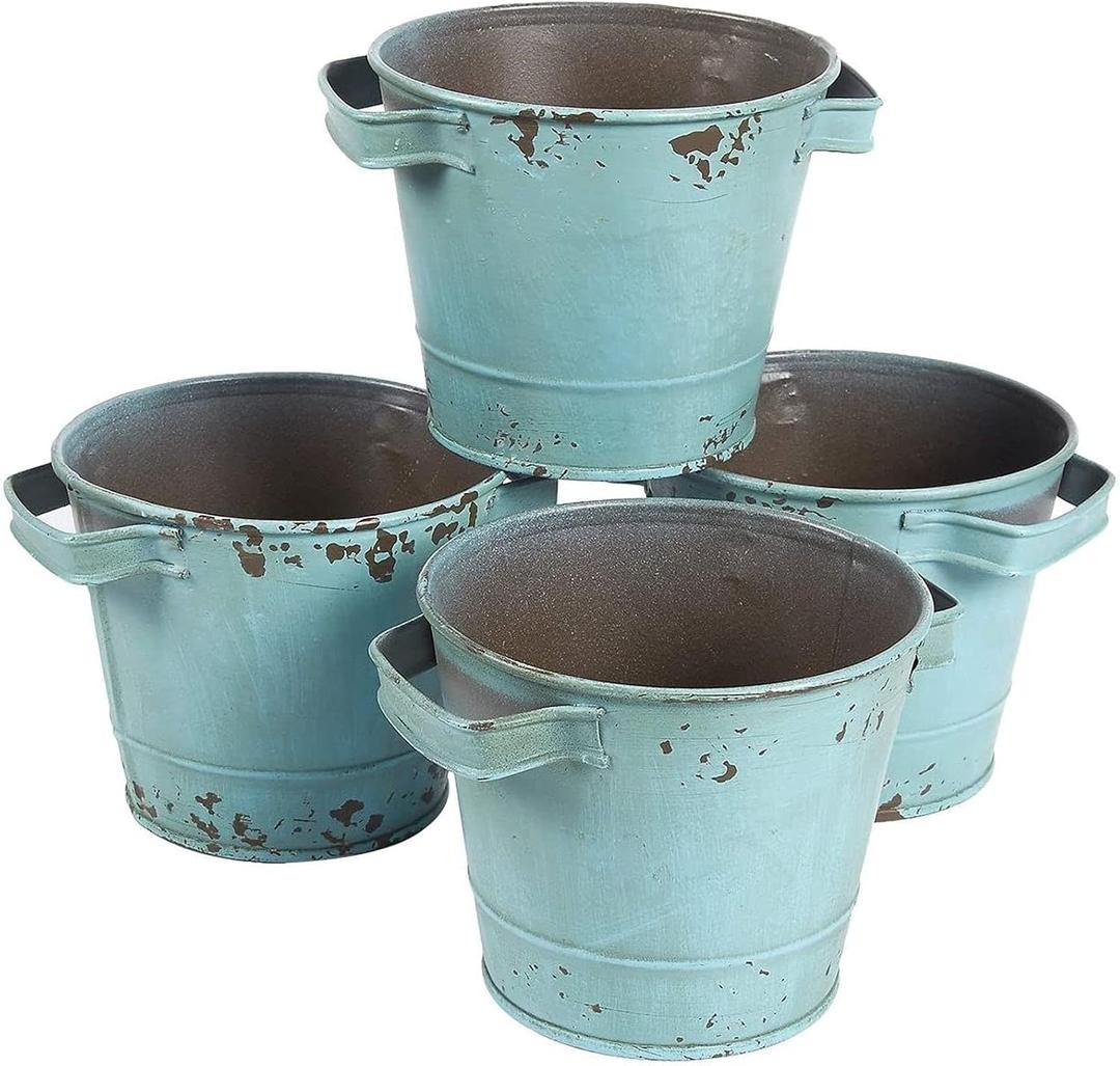 Juvale 4-Pack Small Blue Galvanized Metal Buckets with Handles - Rustic Tin Flower Buckets - 5 x 4 Inch Galvanized Planters for Home Garden