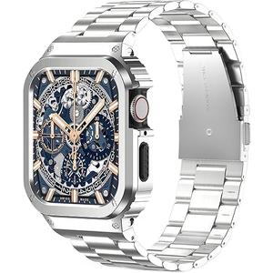 Metal Band Compatible with Apple Watch Band  45mm for Series SE/SE2 9 8 7 ,Stainless Steel iWatch Band with Bumper Case for Men,Metal iWatch Strap with Metal Protective Cover (45mm(Series 9/8/7), Silver)