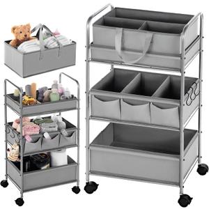 Honeydak 2in1 Baby Diaper Caddy Organizer Cart 3 Tier Large Capacity Metal Utility Bedside Rolling Cart with Divider Newborn Registry Nursery Essential Must Have Crib Bedroom Baby Shower(Gray)