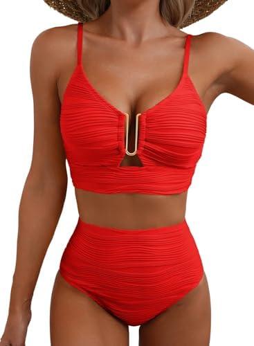 Herseas 2 Piece Bikini Set U-Wire Cutout Popular Swimsuit High Waisted Textured 2026 Summer Beach Swim Bathing Suits M