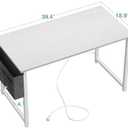KKL Small Desk with Power Outlets and USB Port Computer Desk for Home Office Gaming Simple Modern Style Writing Desks with Storage Bag Headphone Hook, 40 inch, White
