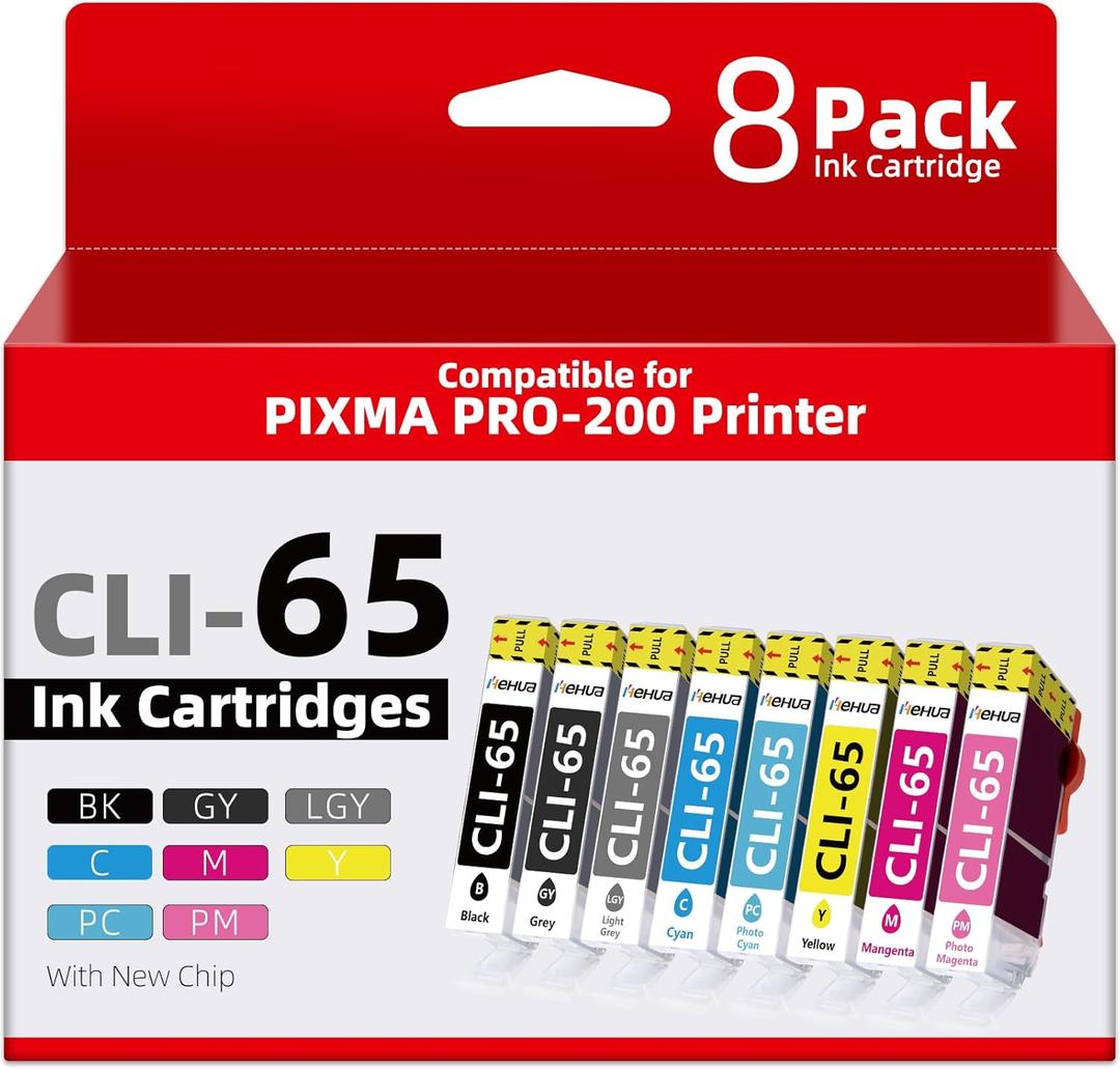 CLI-65 Ink Cartridges with Chip for PIXMA PRO 200 Printer | Replacement for Canon CLI-65 Ink Cartridge | Compatible with PIXMA PRO-200S Printer | 8 Color Pack (1BK, 1C, 1M, 1Y, 1PC, 1PM, 1GY, 1LGY)