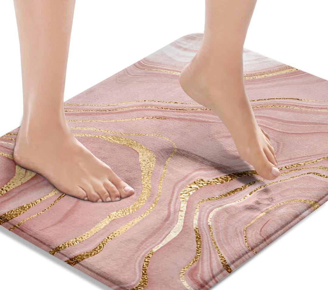 Britimes Marble Pink Bath Mat for Bathroom Washable Floor Rug Carpets Floor Mat Bathroom Decorations 16x24 inches for Kitchen Indoor