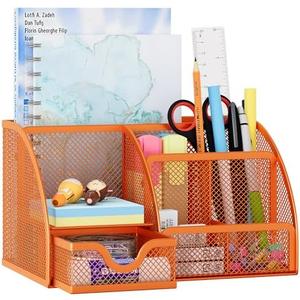 EasyPAG Mesh Desk Organizer, Multi-functional Stationery Organizer for School Supplies, Office Pen Holder for Desk, 6 Compartments Dorm Organization with Drawer, Orange