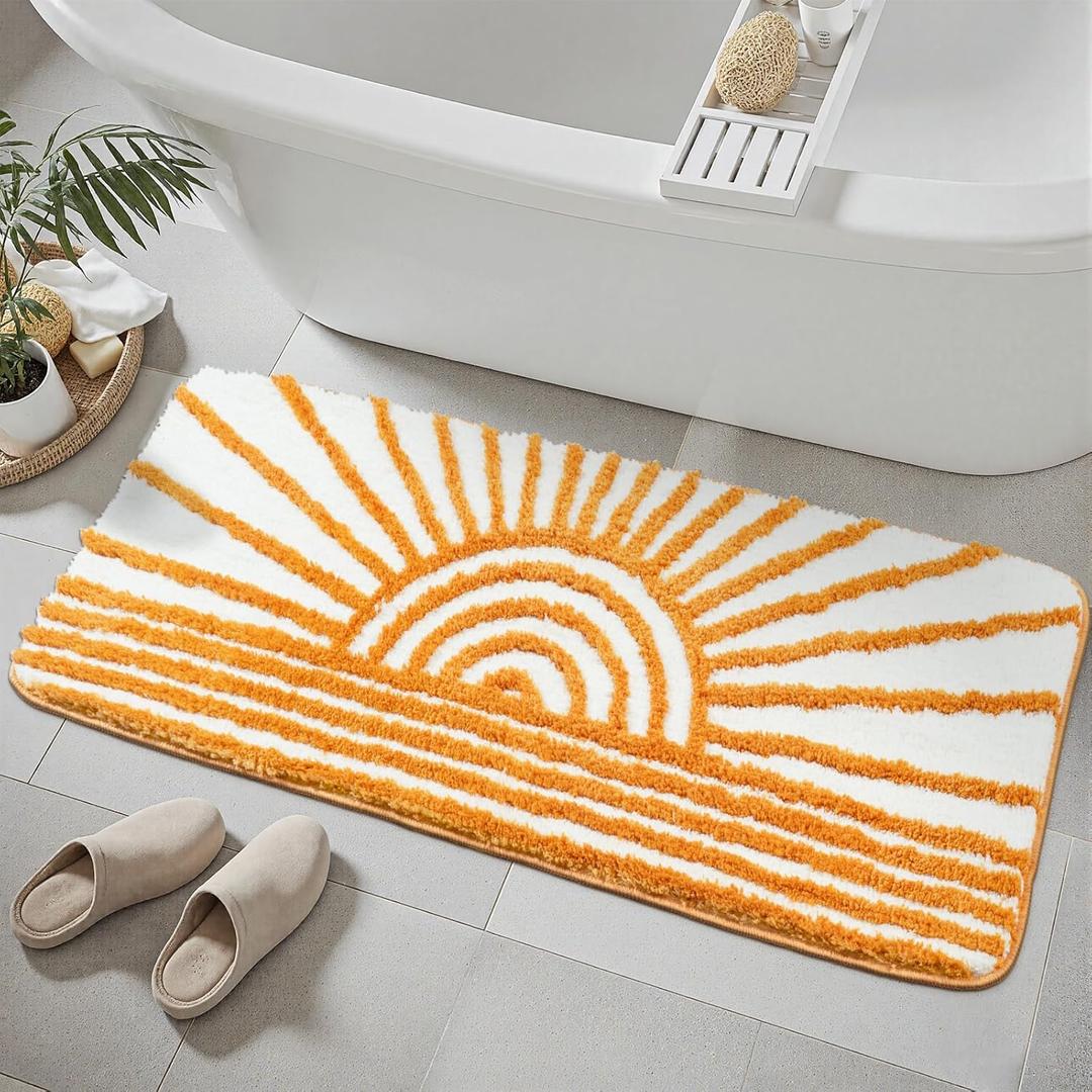 Uphome Boho Bathroom Runner Yellow and White Sun Long Bathroom Rugs Non Slip Water Absorbent Microfiber Bath Mat Modern Minimalism Machine Washable Bath Rugs for Bathtub Sink Shower, 18x47 inch