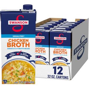 SWANSON S 100% Natural Unsalted Chicken Broth, 32 oz Carton (12 Pack) (EXP 01/26/27)