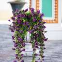 Fanfantoey Artificial Hanging Flowers for Outdoors, 2Pcs UV Resistant Fake Flowers, Realistic Faux Petunias Silk Long Vines Morning Glory Eucalyptus for Outside Planter Porch Patio Home Decor, Purple
