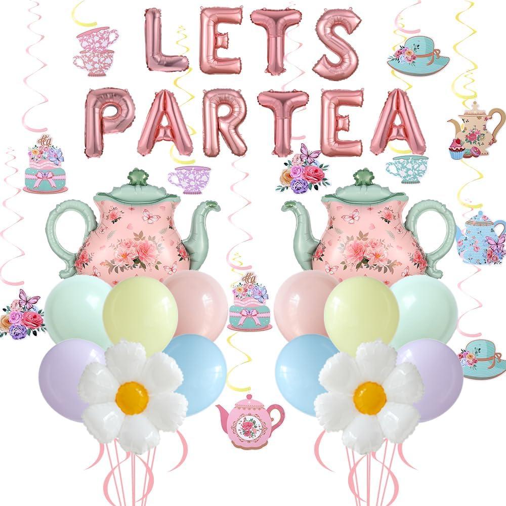 Tea Party Decorations 26Pcs Macaron Balloons with LETS PARTEA Foil Balloon Banner, Teacups andTeapot Hanging Swirls for Floral Spring Birthday Mother's Day Talking Tables Tea Party Supplies