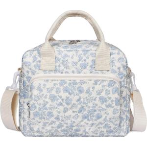 WOBAGMEN Quilted Lunch Box for Women, Insulated Lunch Bag for Adult,Cute Lunch Tote Bags for Work Picnic Travel (Blue Floral,M)