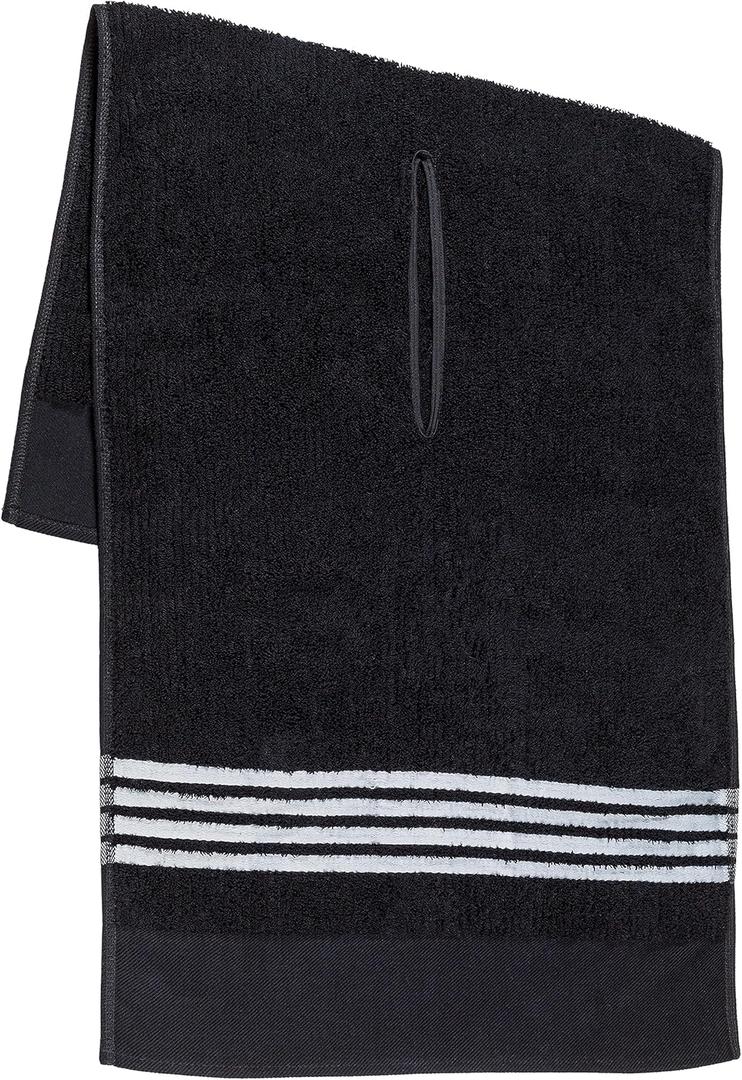 The Tour Towel | Large Golf Caddy Towel Terry Cloth, Absorbent 19" x 44", Center Cut, Perfect Hang Golf Cart Accessory and Golf Bag, Multiple Colors (Black W/White Stripes)